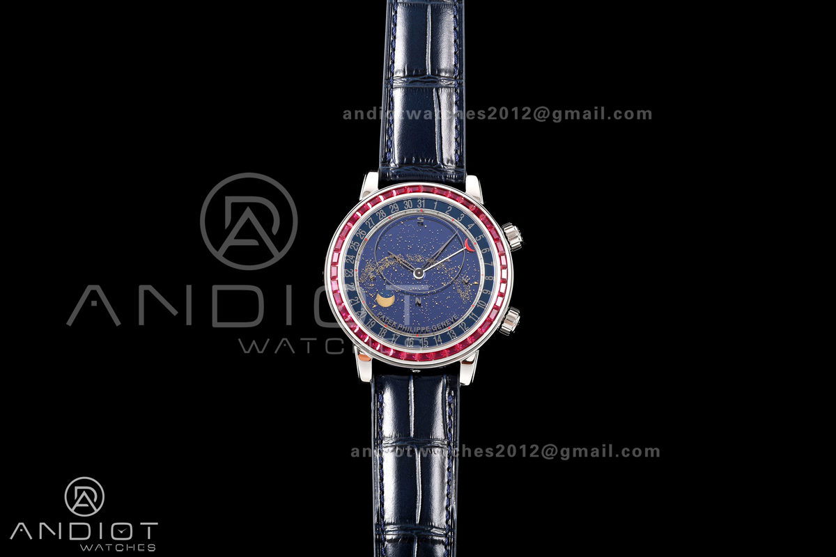 Grand Complications 6102 SS Purple Diamonds Bezel PPF 1:1 Best Edition Blue Dial on Blue Leather Strap SA240 Super Clone